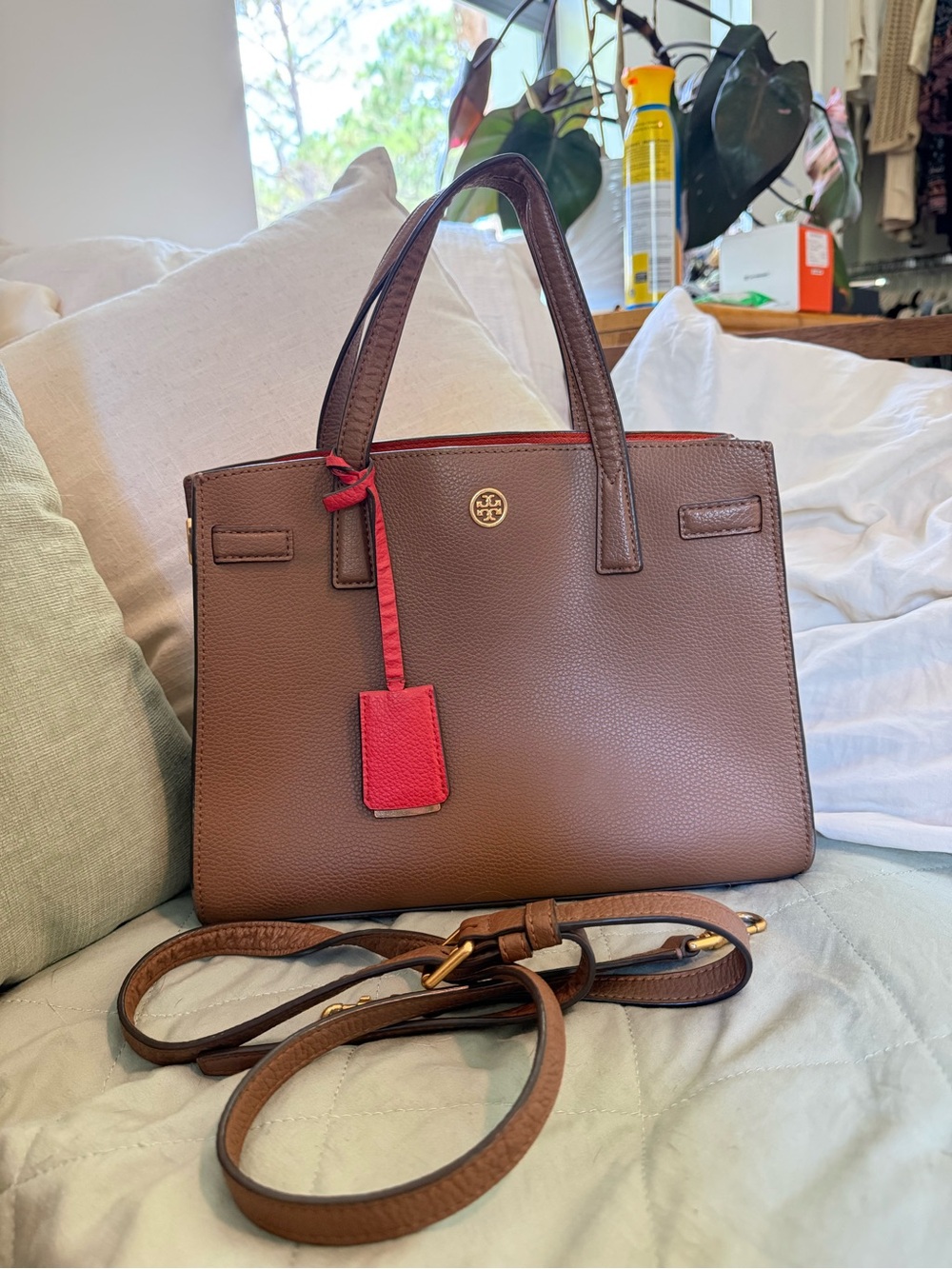 Tory Burch Brown Leather Satchel with Red Tag